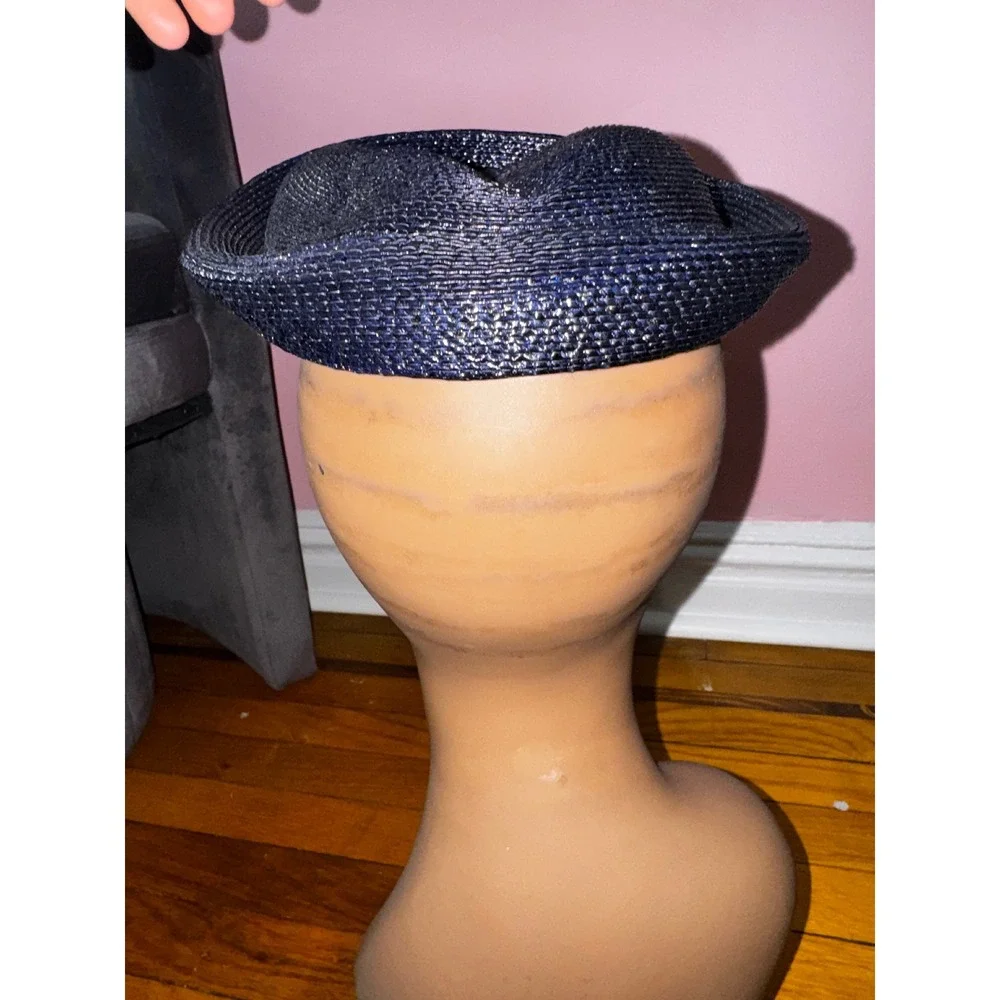 Vintage Bloomingdales Navy Blue Metallic Woven Straw Pillbox Hat with Bow Accent